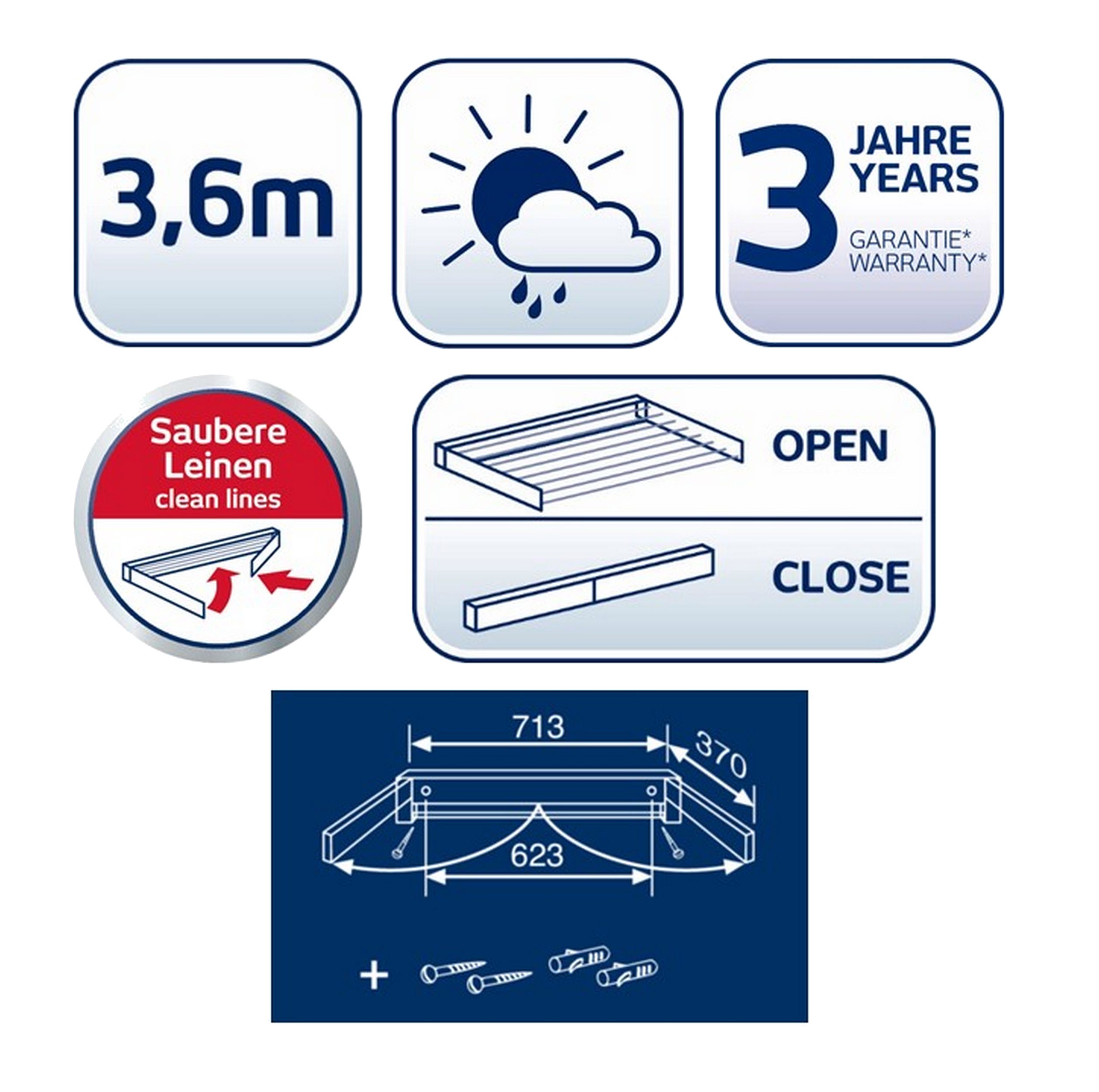 Étendoir mural extensible 5 barres TELEGANT PLUS 36, 3,6 m d'étendage - 2