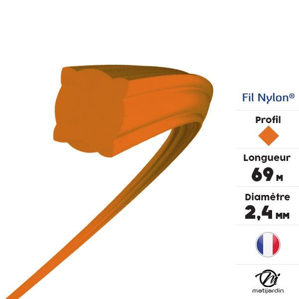 Fil nylon 2,4 mm x 69 m Carré Orange Blister par 2 - 3