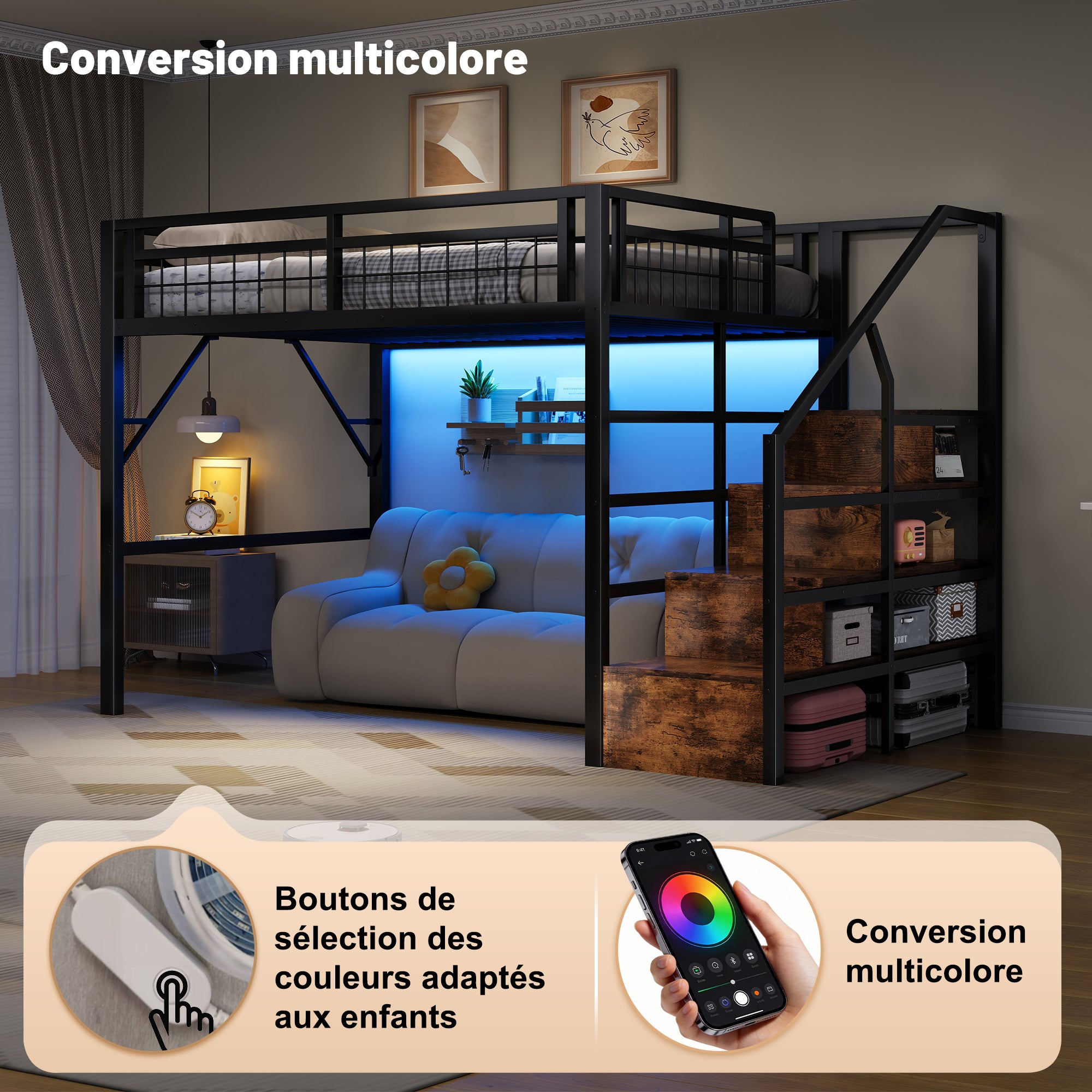Lit mezzanine 140 x 200 cm cadre métal avec éclairage LED, escalier avec rangement intégré, espace libre aménageable dessous, sans matelas, noir - 2