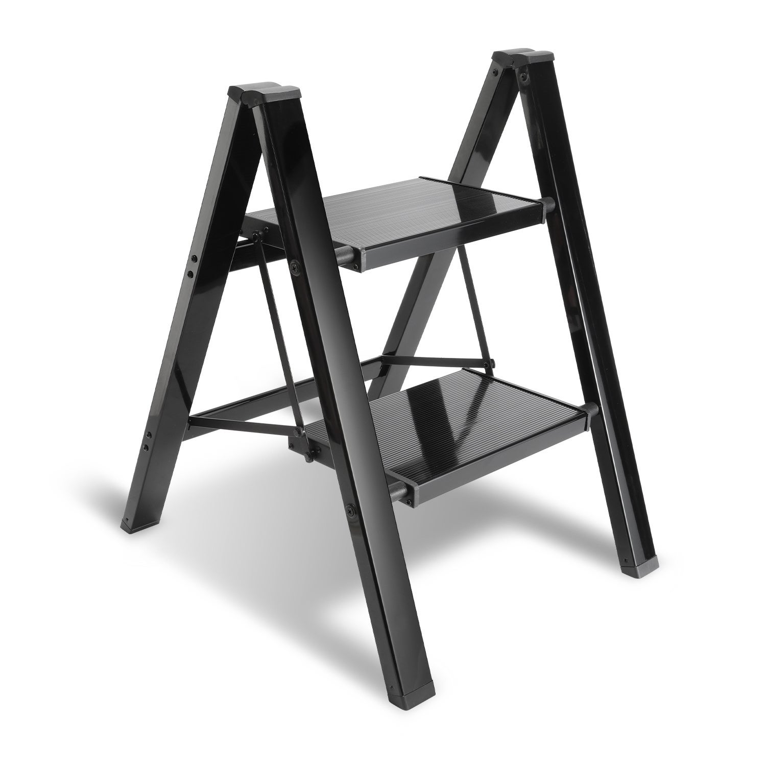 Składana drabina schodkowa, aluminiowa, udźwig 150 kg, 2 stopnie, kolor czarny, ok. 61 cm