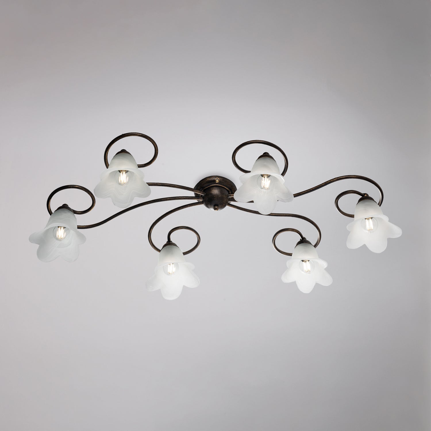 Plafonnier Alice fer marron, déco or antique, verre albâtre d.14, 6 lumières 99x50 cm, finition chaleureuse - 2