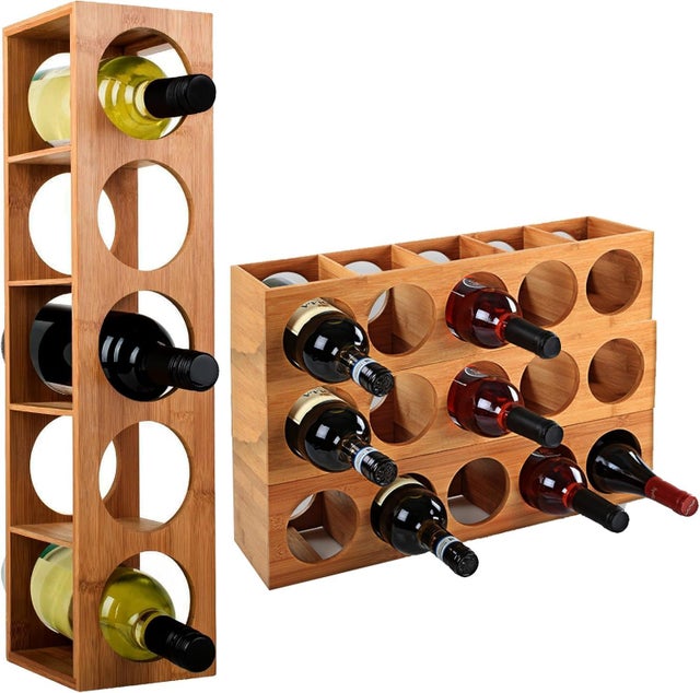 Pack de 4 botelleros de bambú natural apilables con capacidad total para 20 botellas