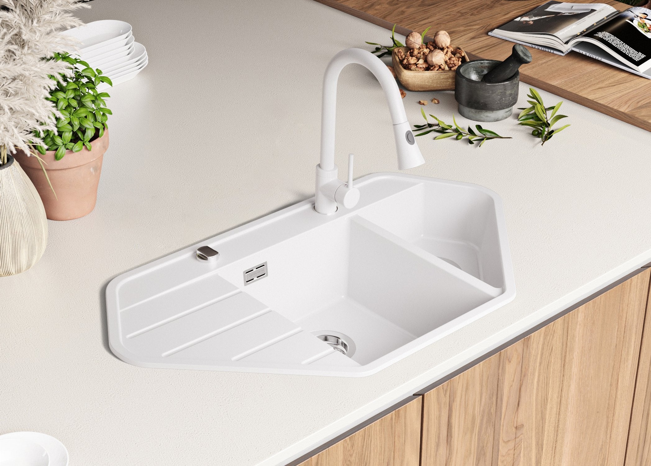 Lavandino Angolare Bianco 90x50cm, Lavello in Granito a 1,5 vasche + Sifone Classico + Accessori, Lavabo da Cucina Incasso al mobile 70cm PRIMAGRAN - 2