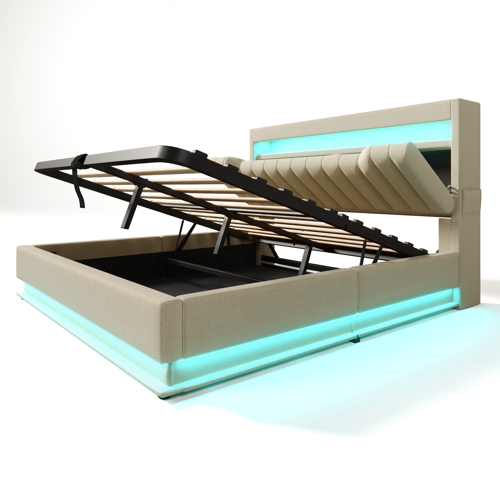 Cama con almacenamiento adulto 140x200 cm, cama doble con USB, Type-C, LED y almacenamiento, en lino, beige - 5