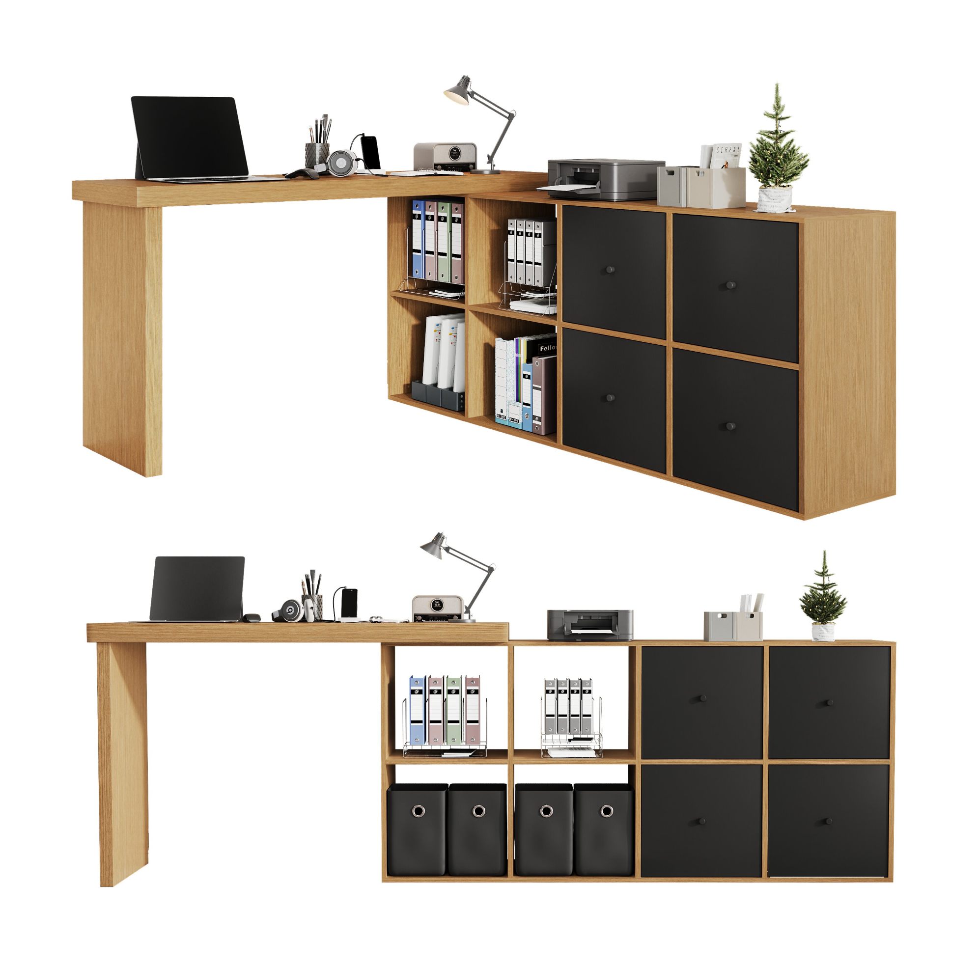 Bureau d’angle pivotant 360° en MDF noir et décor chêne, avec 4 tiroirs ...