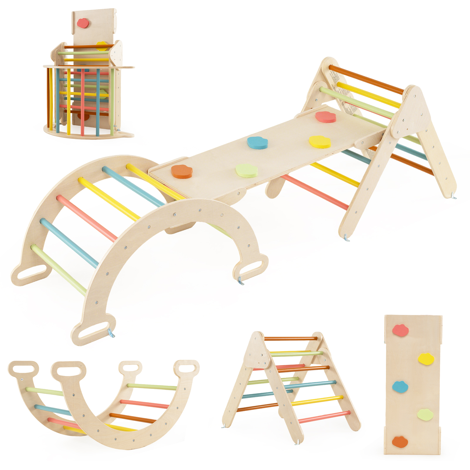 7 w 1 Trójkąt wspinaczkowy Montessori dla dzieci z rampą, drewnianą konstrukcją wspinaczkową z buku z namiotem, huśtawką i drabinką, nośność 50 kg