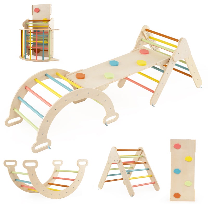 7 w 1 Trójkąt wspinaczkowy Montessori dla dzieci z rampą, drewnianą konstrukcją wspinaczkową z buku z namiotem, huśtawką i drabinką, nośność 50 kg