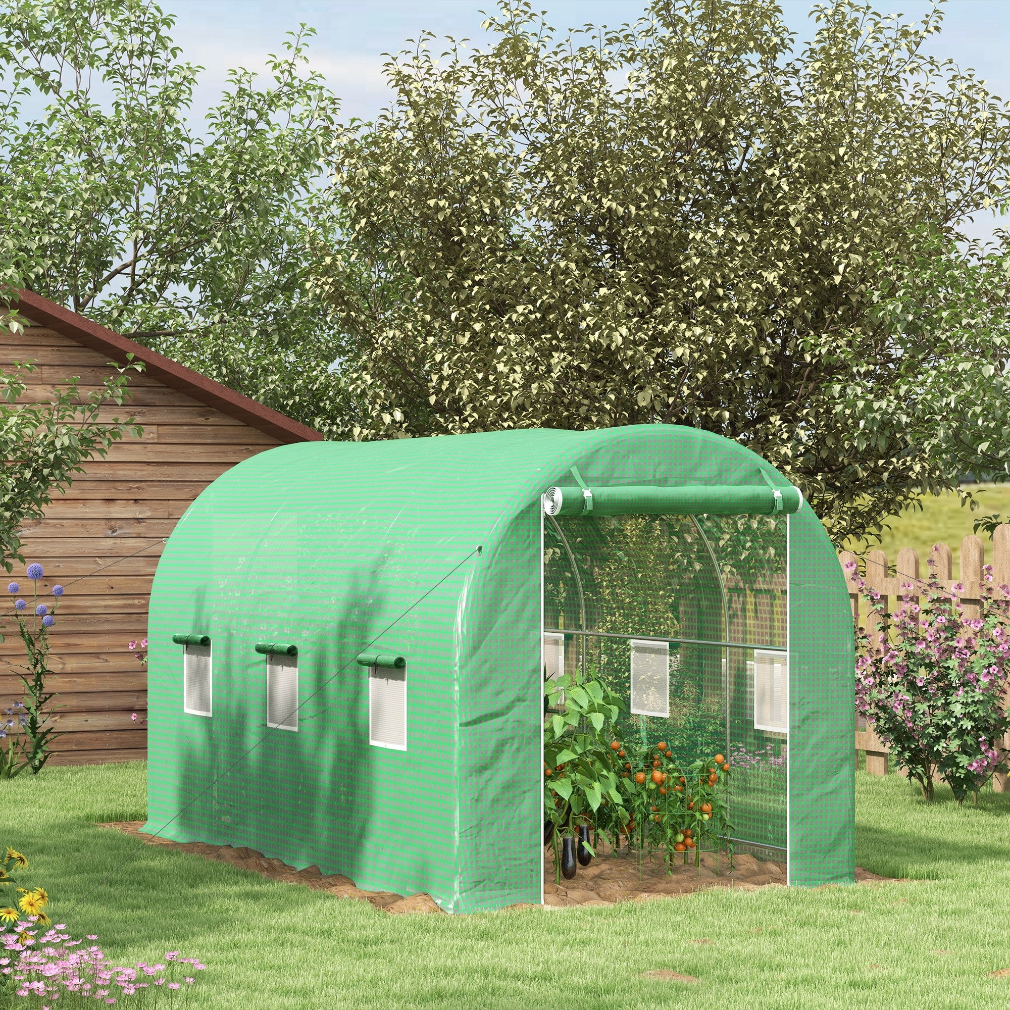 Serre de Jardin Tunnel Surface Sol 8 m² 4L x 2l x 2,05H m châssis Tubulaire Porte zippée 6 fenêtres enroulables vert - 3
