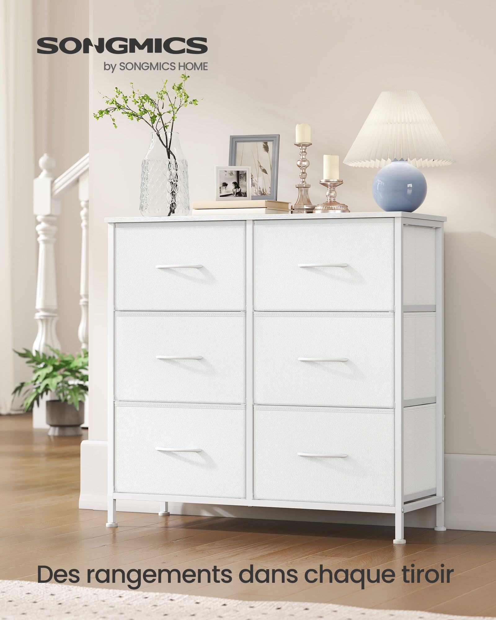 Commode 6 Tiroirs, Meuble de Rangement pour Chambre, Acier, Panneau MDF, Tissu non-tissé, pour Couloir, Entrée, Salon, Blanc Nuage et Blanc Neige - 2