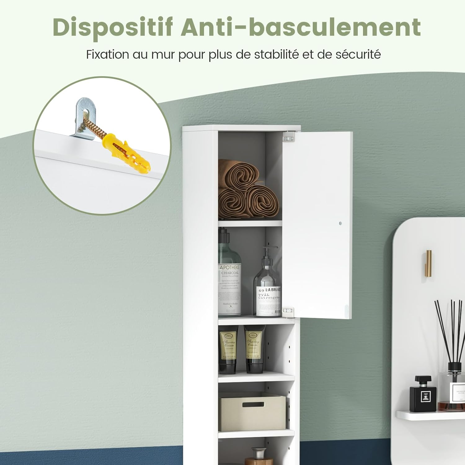 Armadio da Terra Alto, Mobile Colonna Bagno con 2 Ante 1 Cassetto e 5 Ripiani Regolabili, Mobile Bagno Salvaspazio per Soggiorno e Camera da L - 7