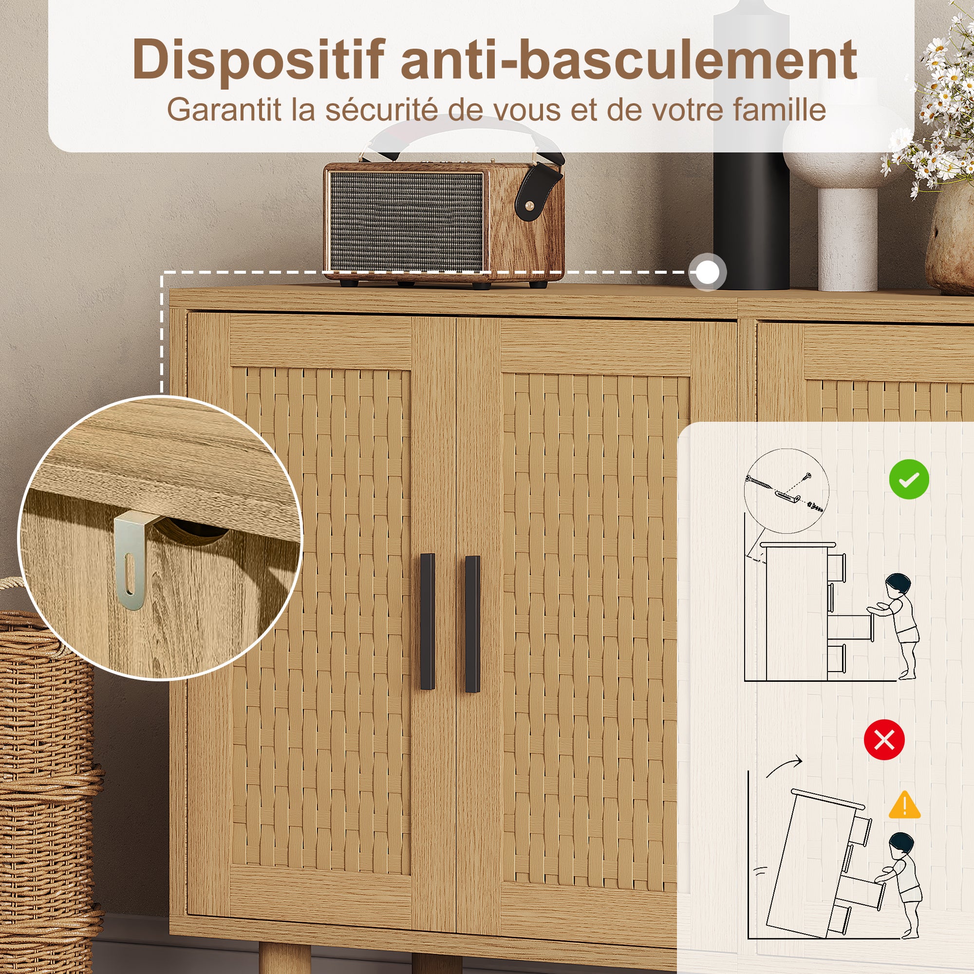 Buffet, meuble de rangement en bois chêne, avec 4 portes , meuble de rangement pour le salon, portes à motif tressé - 8