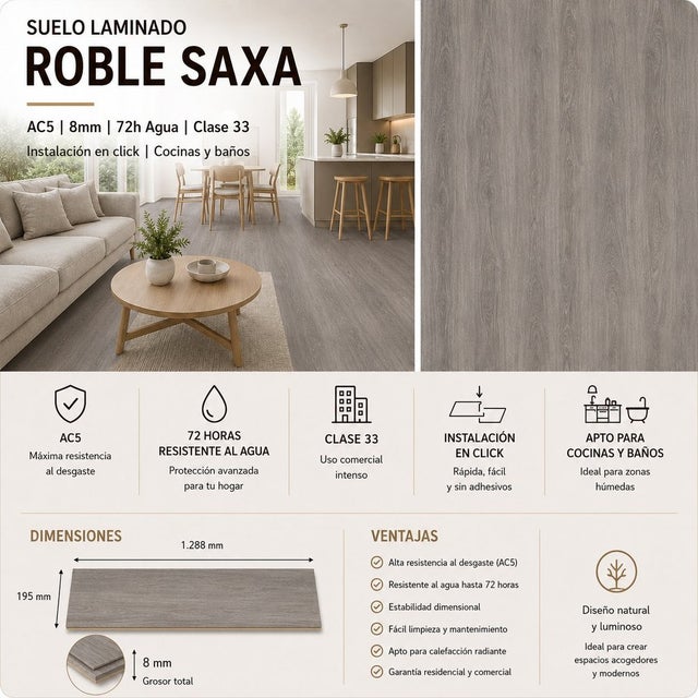 Arquiservi - Piso Laminado AC5 8mm Sem bisel (37,98 m²) Piso resistente, fácil instalação. Carvalho Saxa