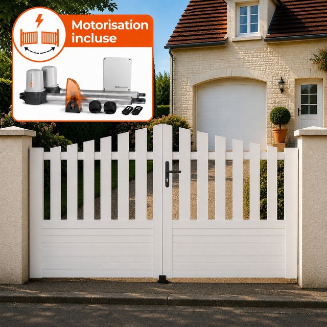 Portail battant électrique PVC blanc avec moteur Sentinel H 145 x L 350 ALENÇON CONVEXE