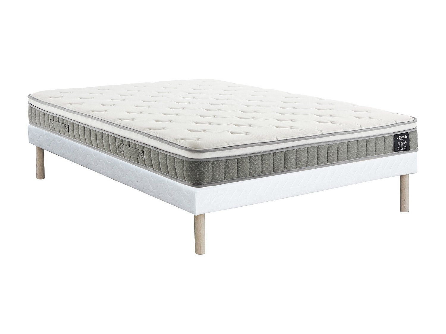 Zestaw 140 x 190 cm: tapicerowany stelaż + materac ze sprężynami kieszeniowymi i warstwą pianki z pamięcią kształtu, grubość 21 cm – VITOGO od YSMÉE