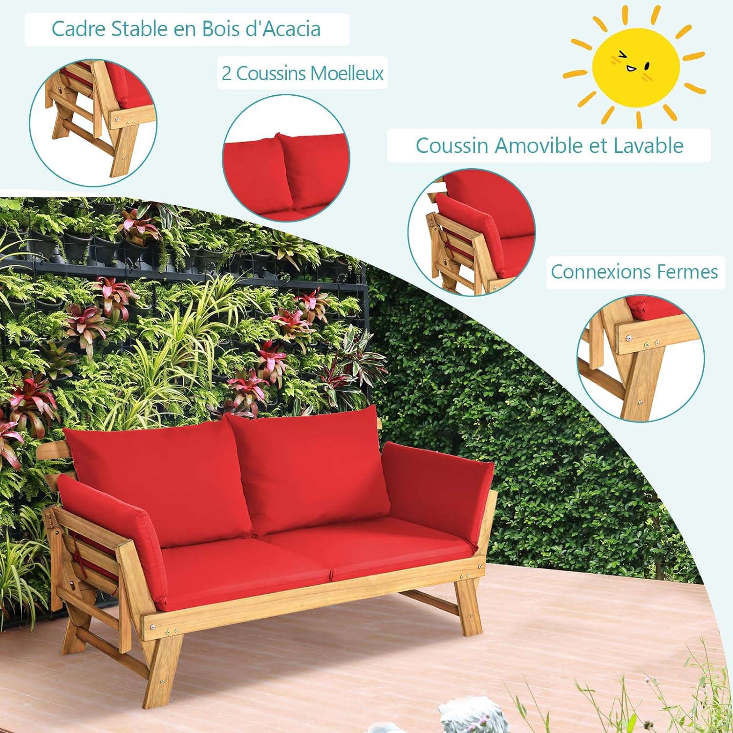 3 en 1 Canapé Lit de Jardin Extensible 2 Places Bois Acacia FSC Charge 320 KG-Accoudoirs Réglables/Coussins/Dossier Amovibles Rouge - 4