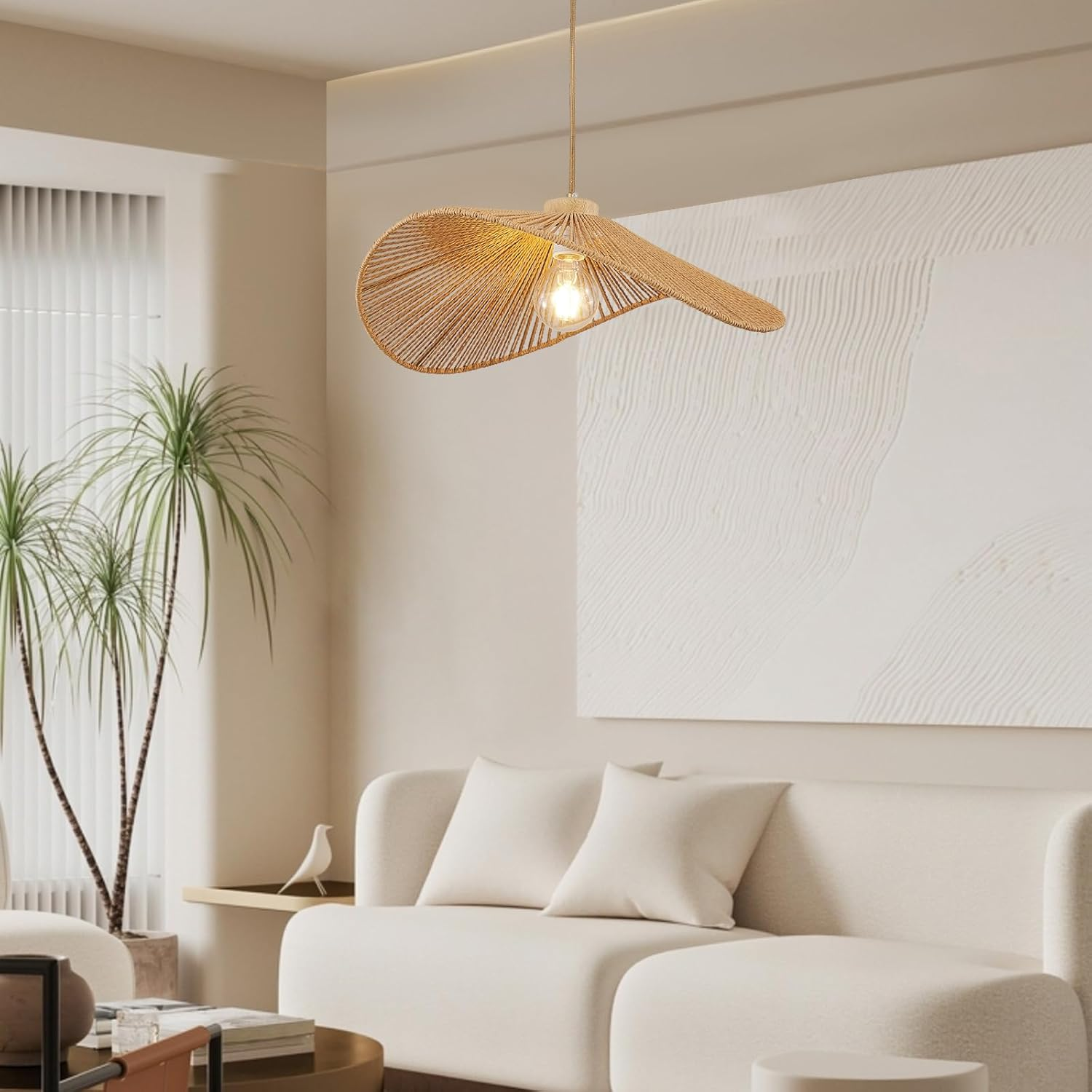 Suspension bohème, lustre en corde de chanvre tressée à la main, lampe suspendue de style wabi-sabi, plafonnier avec ampoule, lumière chaude, φ40cm - 9