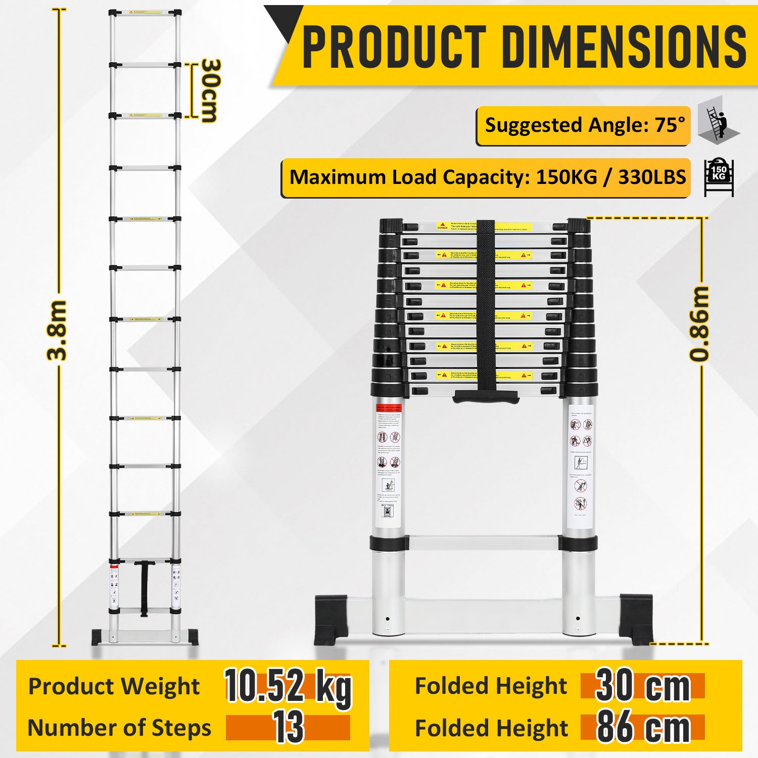 Escabeau echelle telescopique Premium 3,8m avec stabilisateur, antidérapante - 2