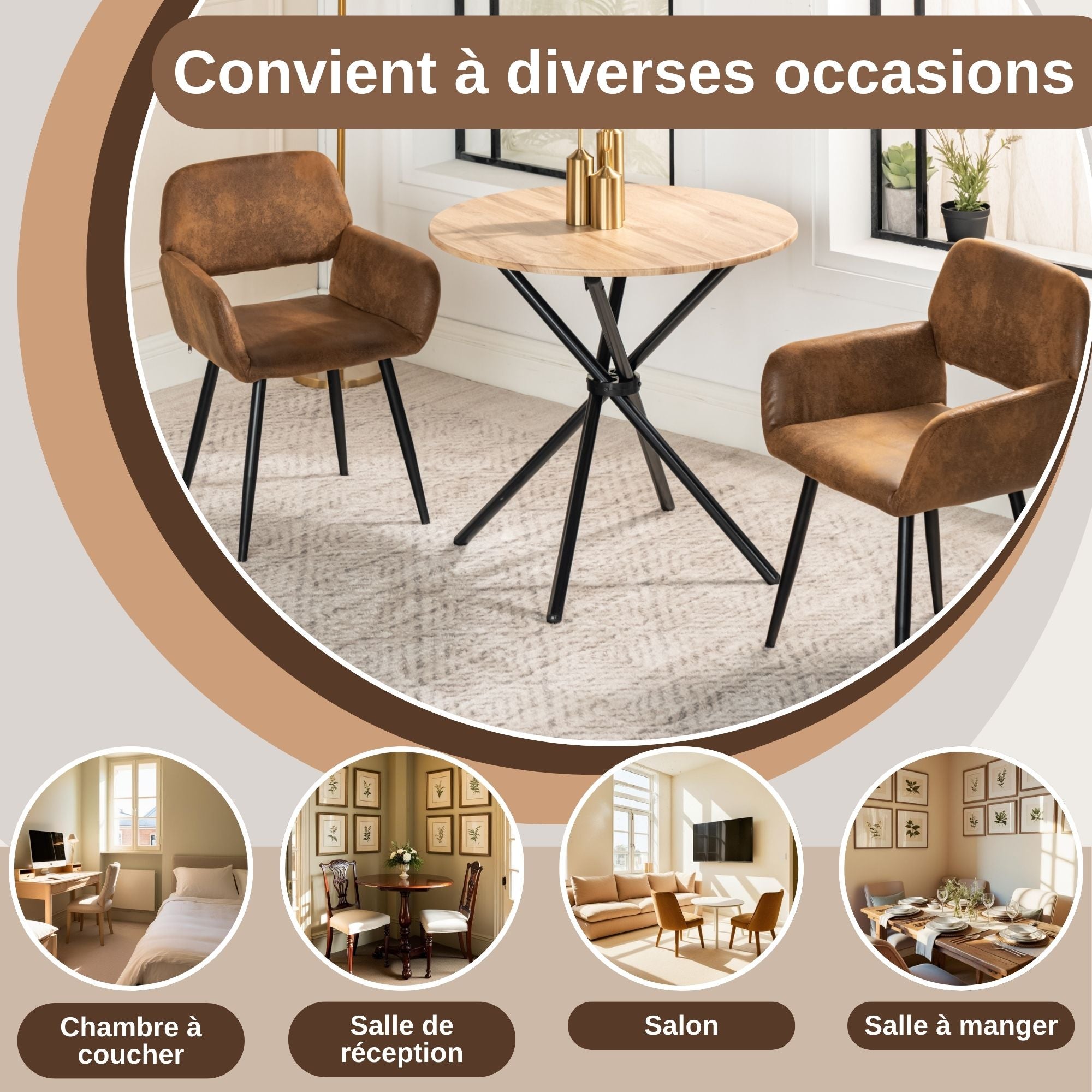 Lot de 2 Chaises de Salle à Manger avec Accoudoirs, Revêtement Effet Daim Marron Vintage, Pieds en Métal Noir, Confort et Élégance - 5
