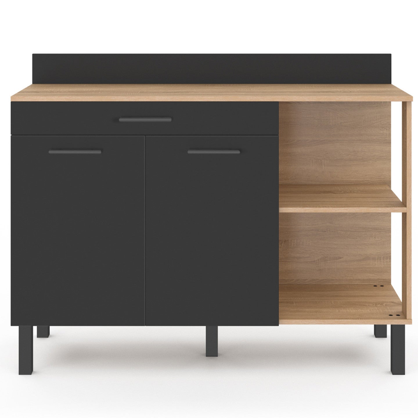Buffet bas de cuisine 120 CM CINA plan de travail H.83 cm 2 portes + tiroir façon hêtre et noir - 3