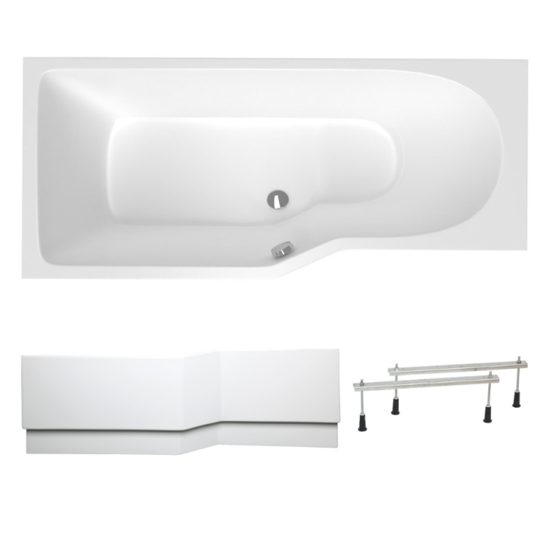 160x80 cm Beata Plus baignoire bain/douche asymétrique en acrylique, gauche + tablier 160 cm + pieds, blanc (BE1600LPLUS-SET1) - 4