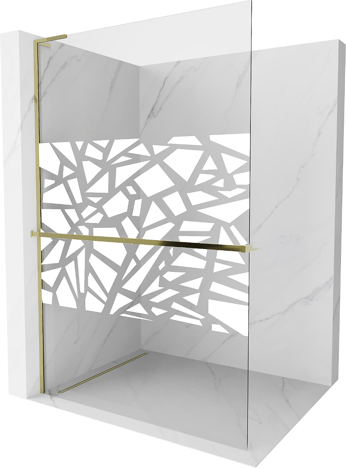 Mexen Kioto+ L ścianka prysznicowa z półką Walk-in 70 x 200 cm, biały wzór, złota - 800-070-123-50-85