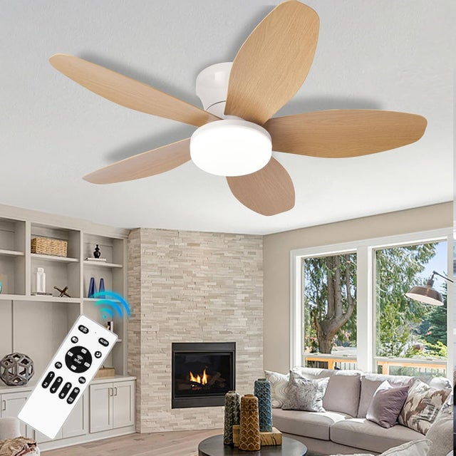 Ventilateur de plafond avec lumière et télécommande, ventilateur de salon à 5 lames à intensité variable, plafonnier pour chambre,plafond,Chêne,88cm