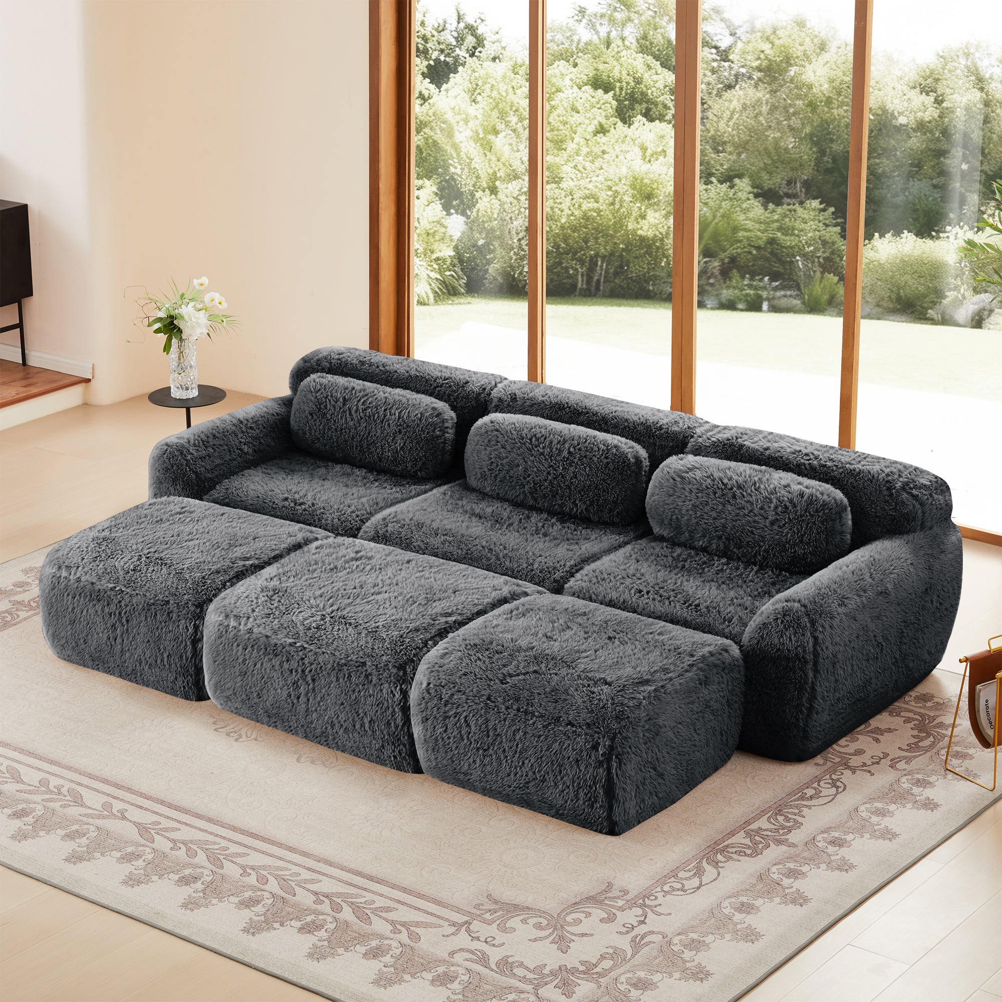 Canapés Cloud sans os, tissu peluche doux, canapé-lit modulable avec 3 poufs, canapé 3 places, canapé confortable pour le salon, gris - 3