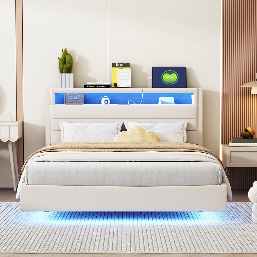Podwójne łóżko tapicerowane 140x200 cm z gniazdem USB i oświetleniem LED, odwracanym zagłówkiem, ukrytym podnóżkiem, beżowa tkanina lniana