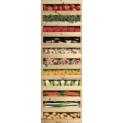 Pegatina decorativa para refrigerador, cajas de verduras frescas en trompe l'oeil, 59.5 cm x 180 cm