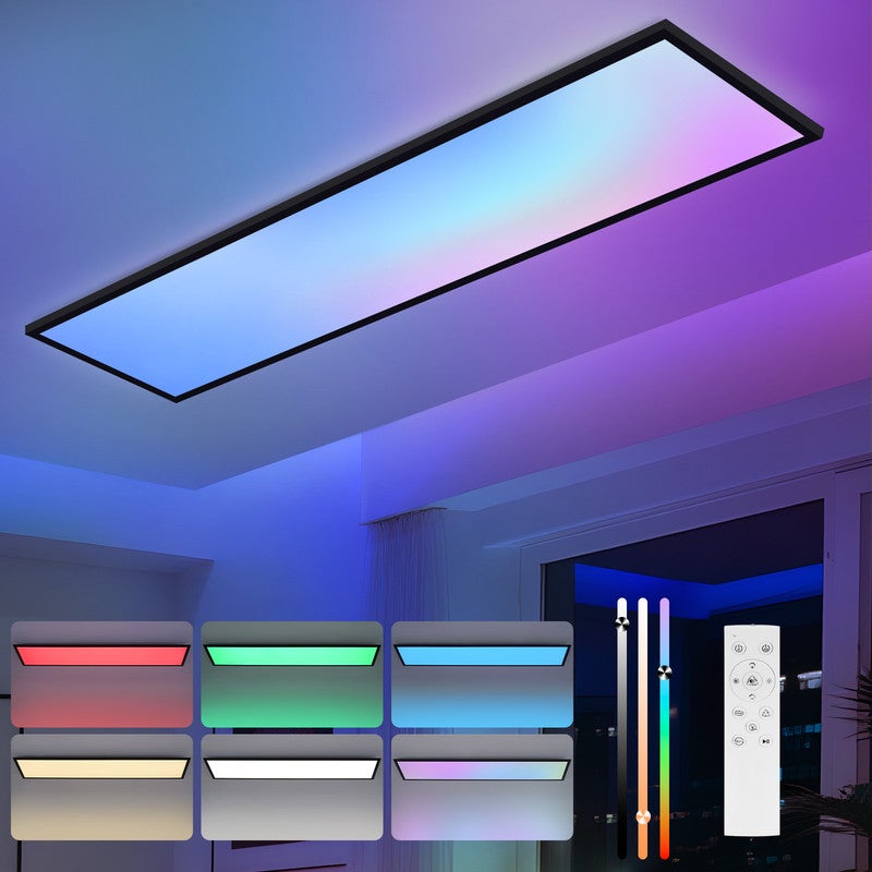 NETTLIFE 100x25 Lampa sufitowa LED – ściemnialny panel sufitowy RGB, długa, płaska lampa sufitowa ze sterowaniem zdalnym, czarna, 24 W