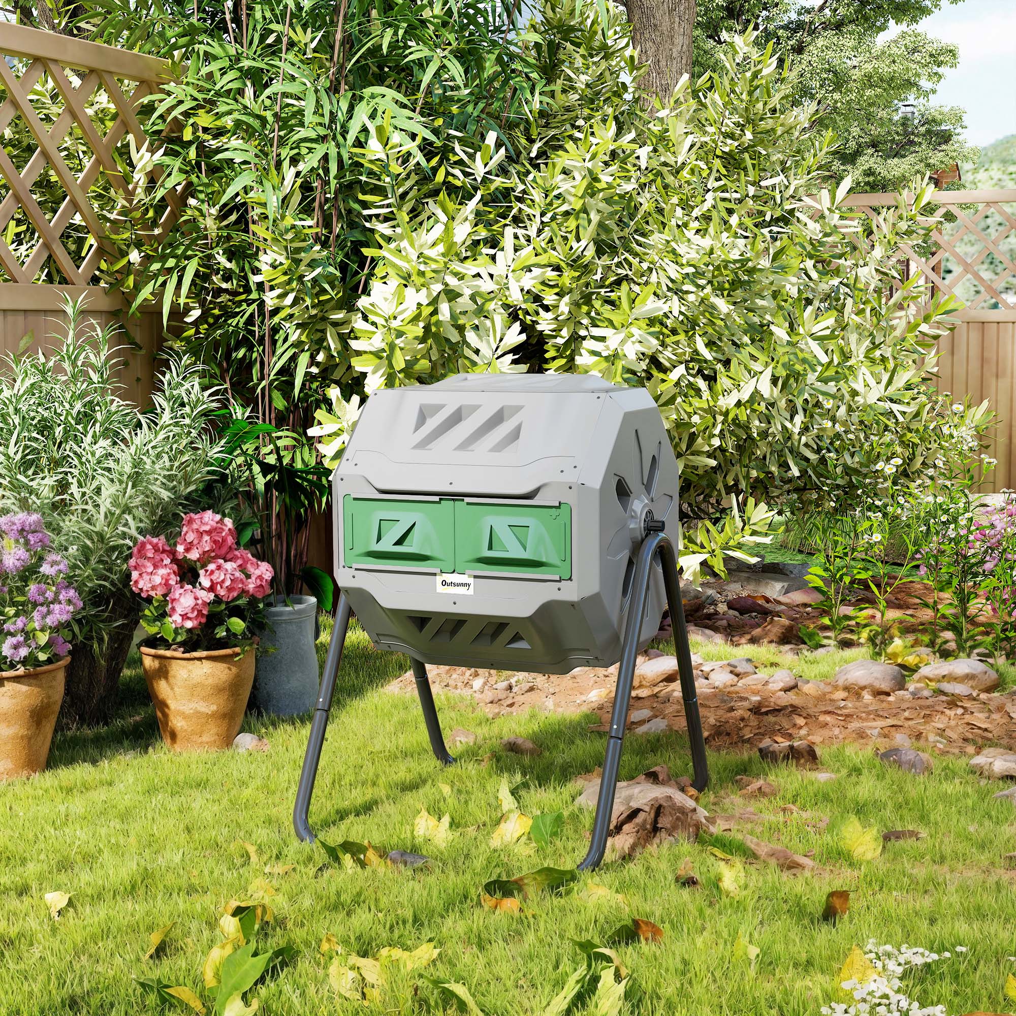 Outsunny Compostiera da Giardino Girevole a 2 Sezioni con 8 Prese d'Aria, in Acciaio e PP, 71x65x96 cm, Grigio - 8