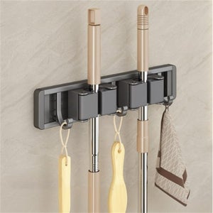 Supporto da parete con 3 rack e 4 ganci per mocio con ventose, per
