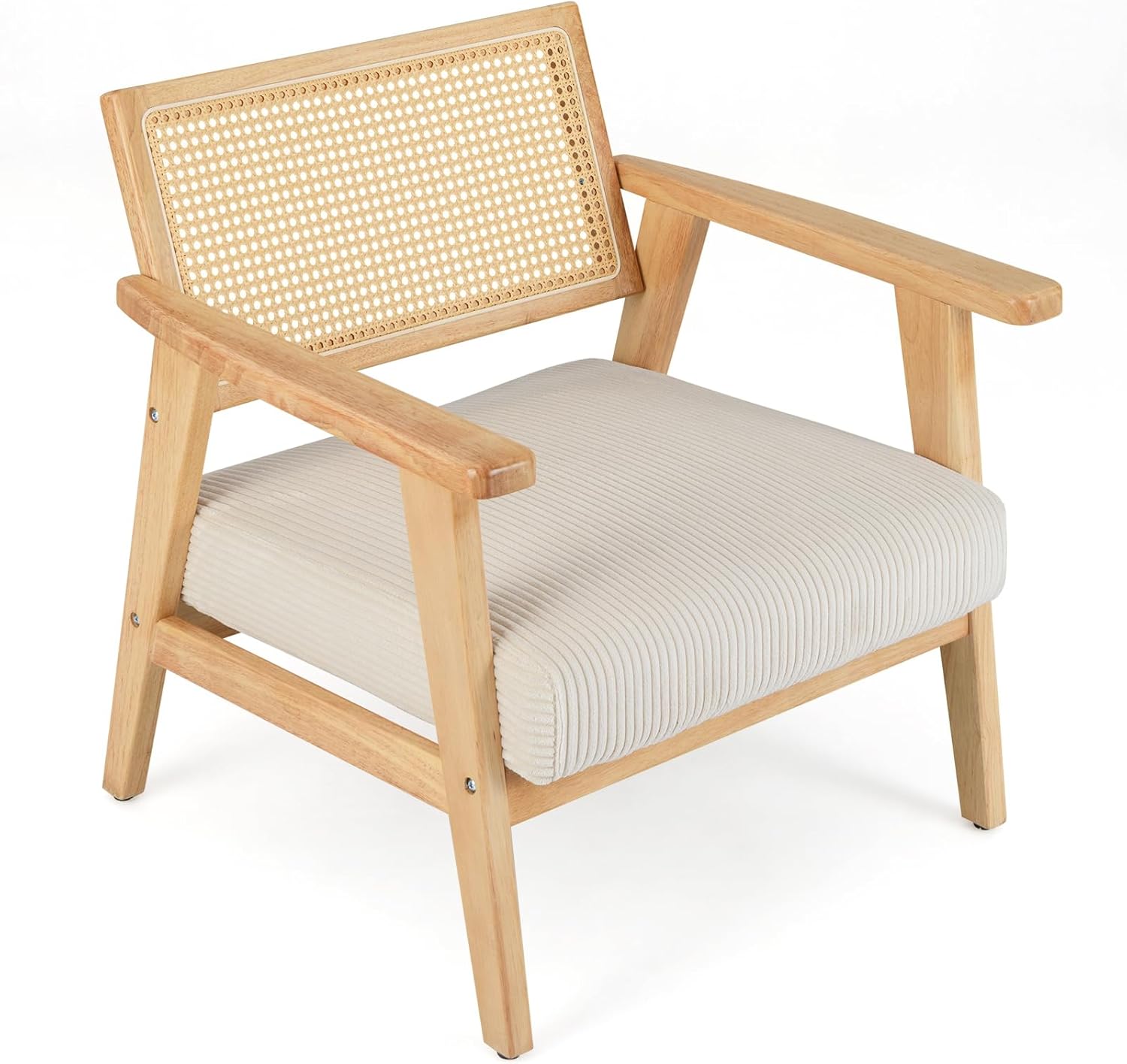 Fotel z oparciem rattanowym, tapicerowanym siedziskiem, z drewna kauczukowego do sypialni, salonu, kącika wypoczynkowego