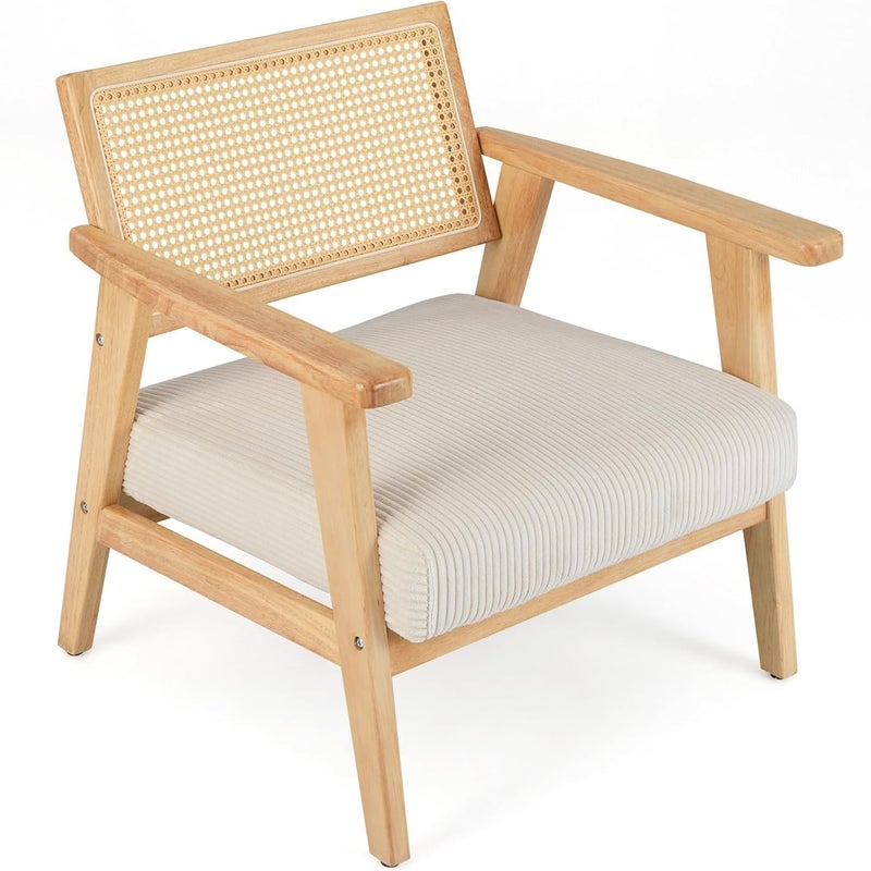 Fotel z oparciem rattanowym, tapicerowanym siedziskiem, z drewna kauczukowego do sypialni, salonu, kącika wypoczynkowego