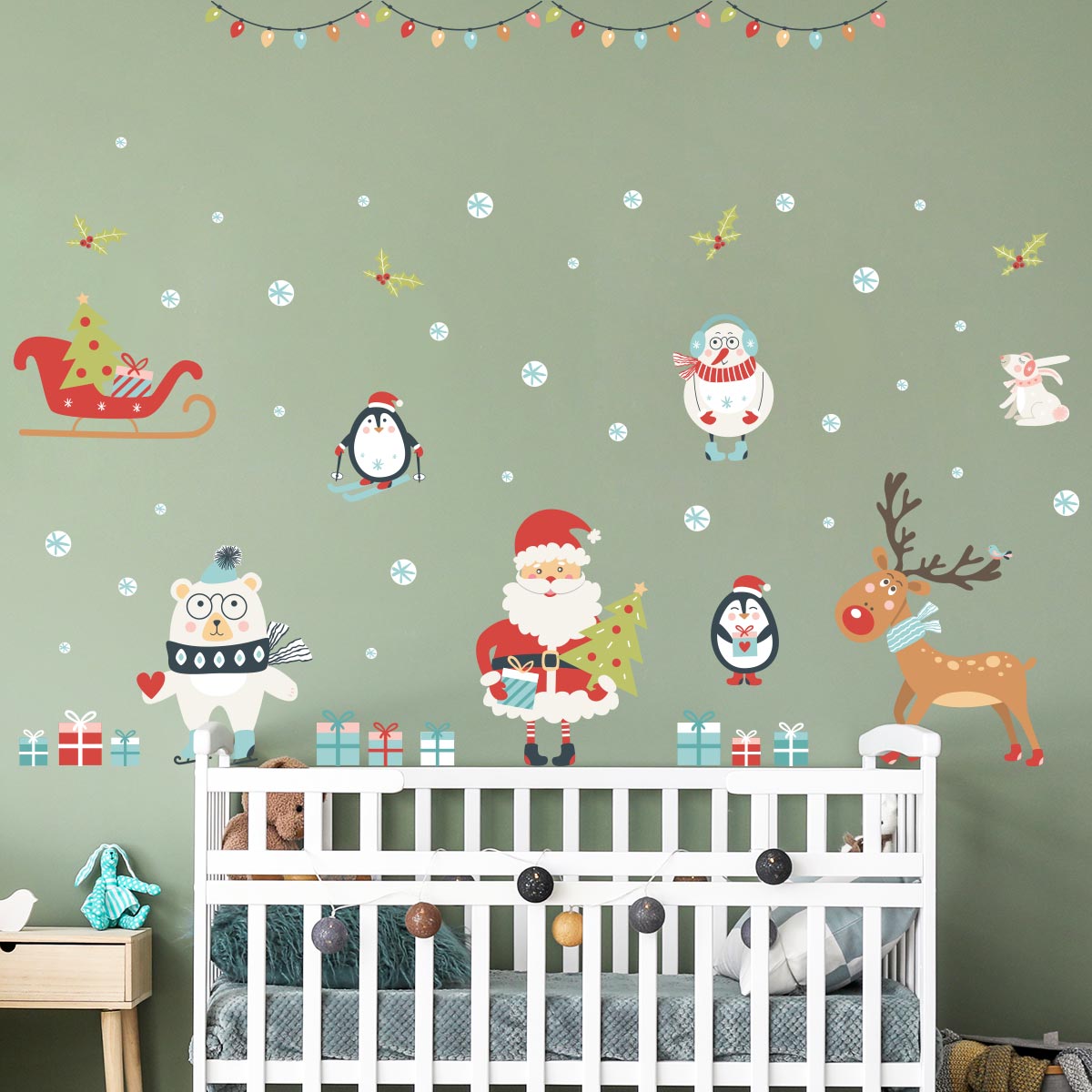 Sticker Noël le père noël et les animaux sous la neige de noël - Autocollants stickers adhésifs noël - décoration fêtes - 60x90cm - 4