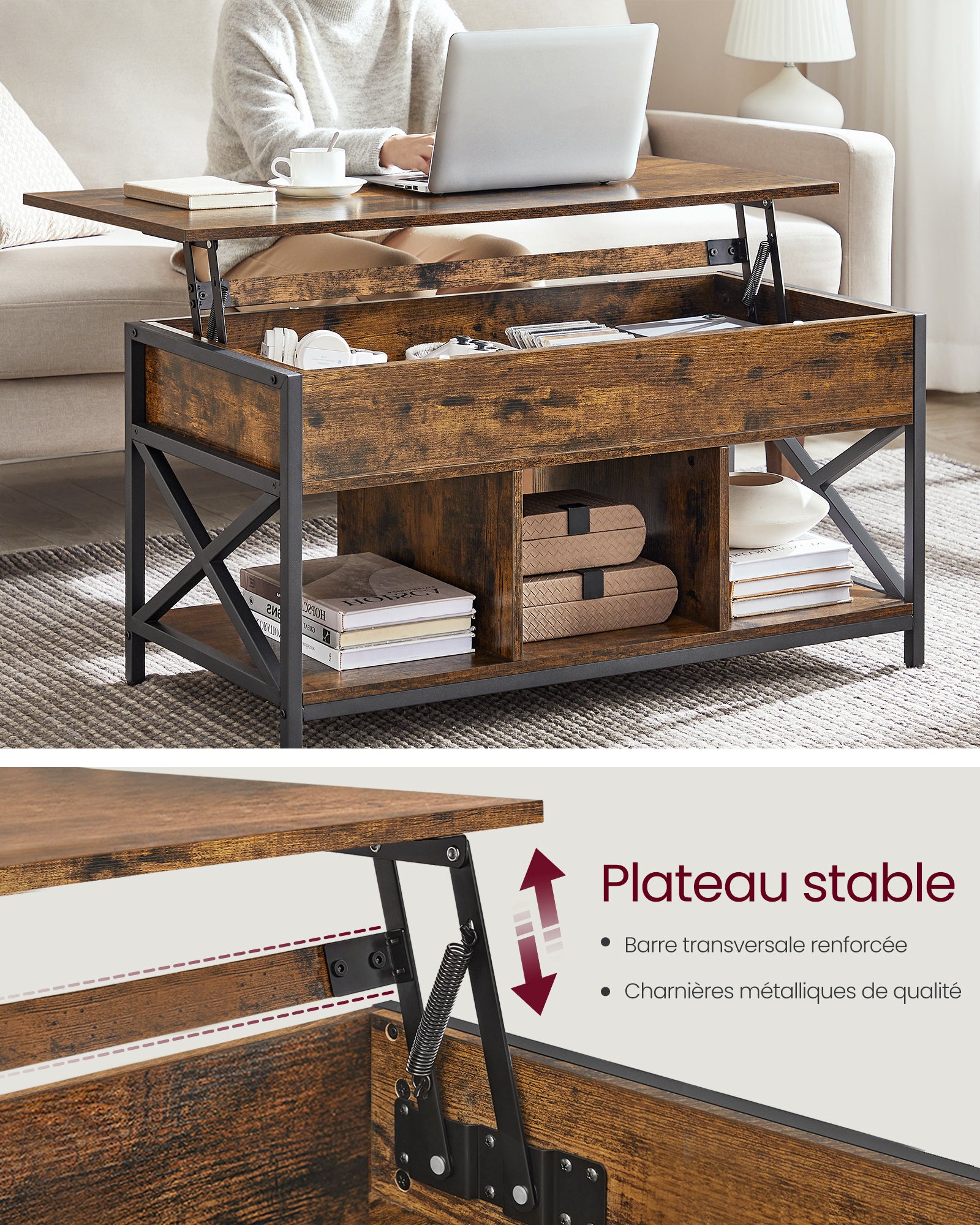 Table Basse, Relevable, Table Basse avec Rangement Caché et Compartiments Ouverts, Cadre en Acier, 50 x 100 x (46,5-62) cm, Marron Rustique et Noir - 6