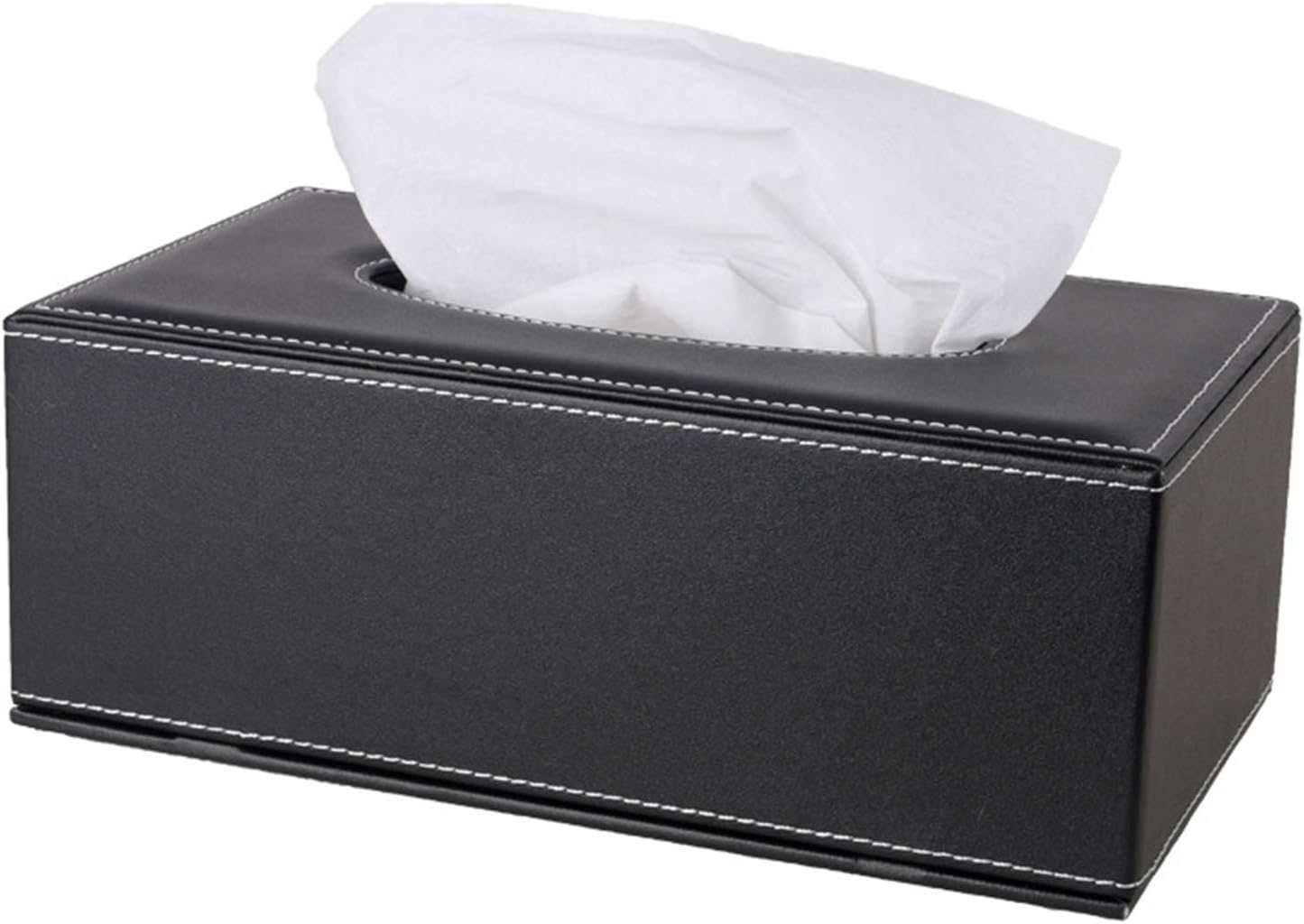Prostokątne, czarne pudełko na chusteczki wykonane ze skóry PU, idealne do przechowywania serwetek i chusteczek papierowych.