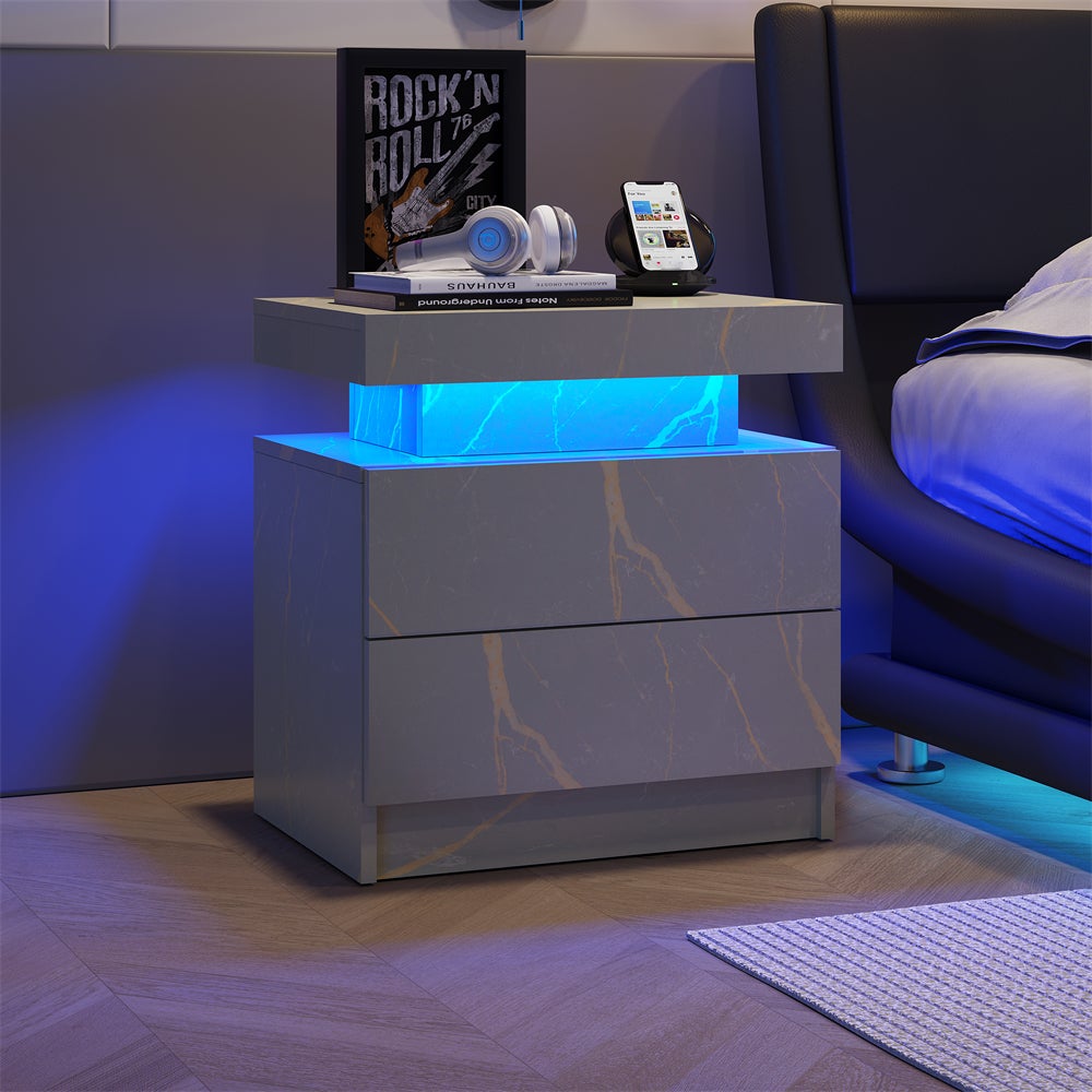 Nowoczesna szafka nocna LED – 2 szuflady, regulowane oświetlenie RGB do sypialni i salonu