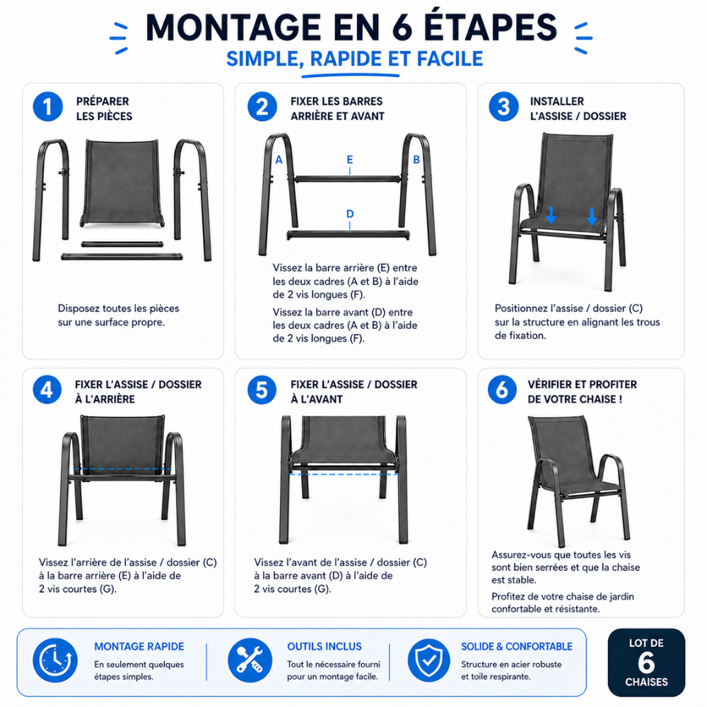 Chaise de jardin sans coussin Chaises de jardin empilables textilène x6 Unité Gris en Textilène Gris - 8