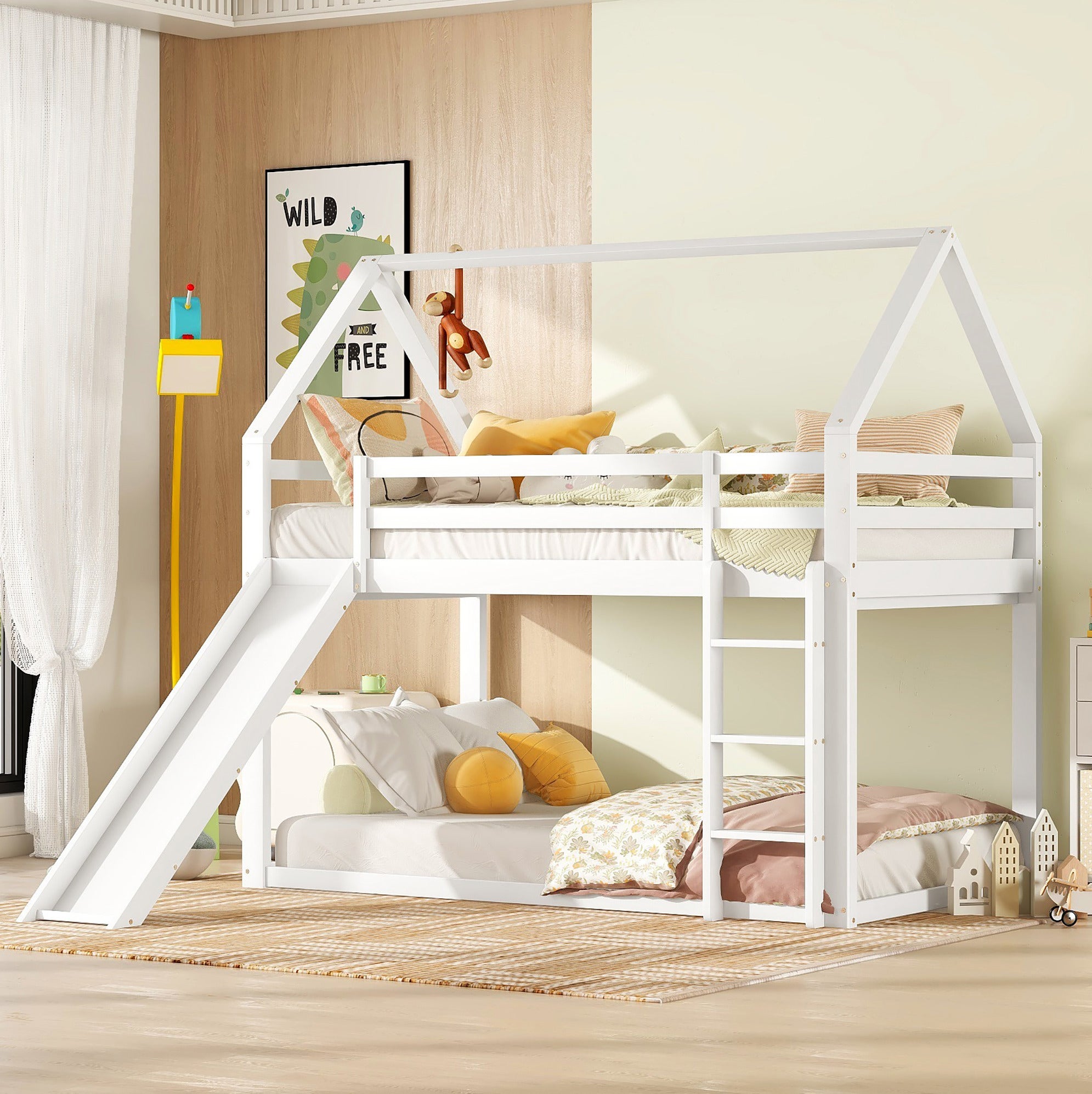 Lit cabane enfant 90x200 cm bois de pin blanc avec toboggan et échelle | Leroy Merlin