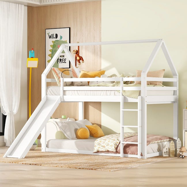 Lit cabane enfant 90x200 cm bois de pin blanc avec toboggan et échelle | Leroy Merlin