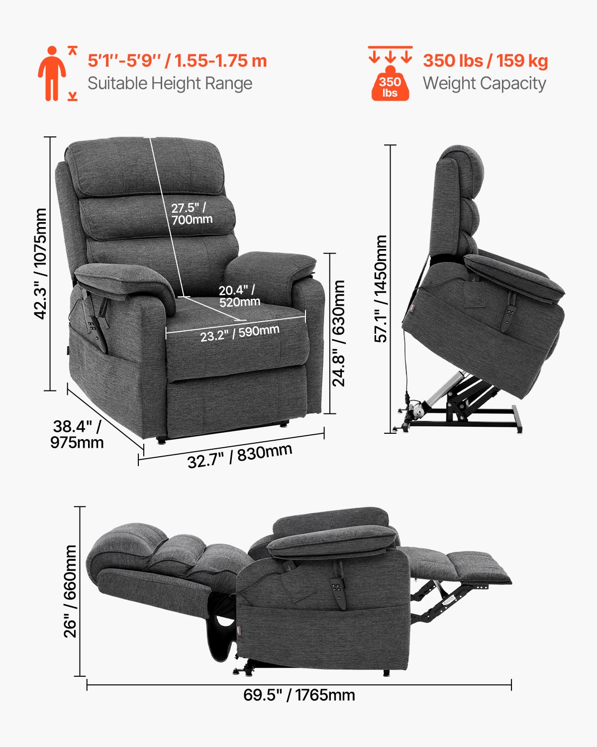 Fauteuil Inclinable Électrique Releveur,VEVOR Chaleur Massage pour Personnes Âgées,Double Moteur,2 Cordes Anti-Chute,Réglage Infini,Gris Foncé,M - 7