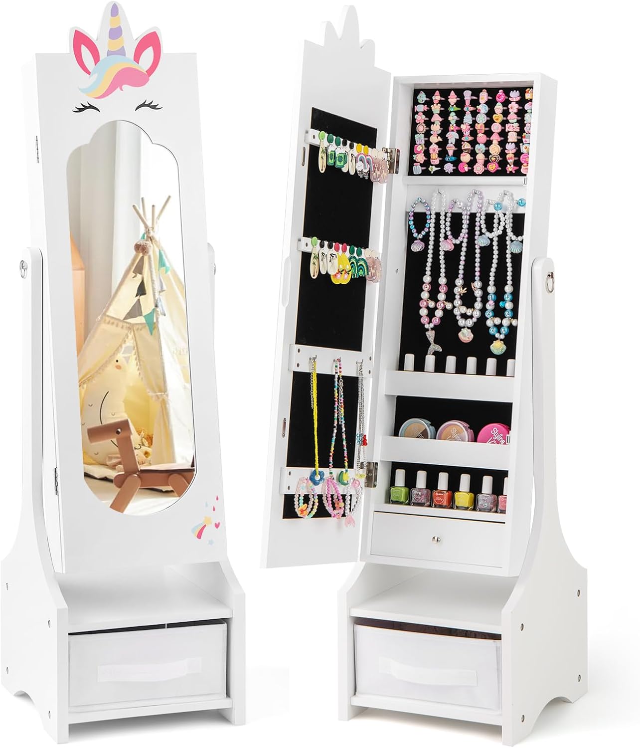 Armoire à Bijoux Avec Miroir PEGANE Lola - Blanc - Dimensions 37 X 34,5 X 146,8 Cm - MDF Et Verre