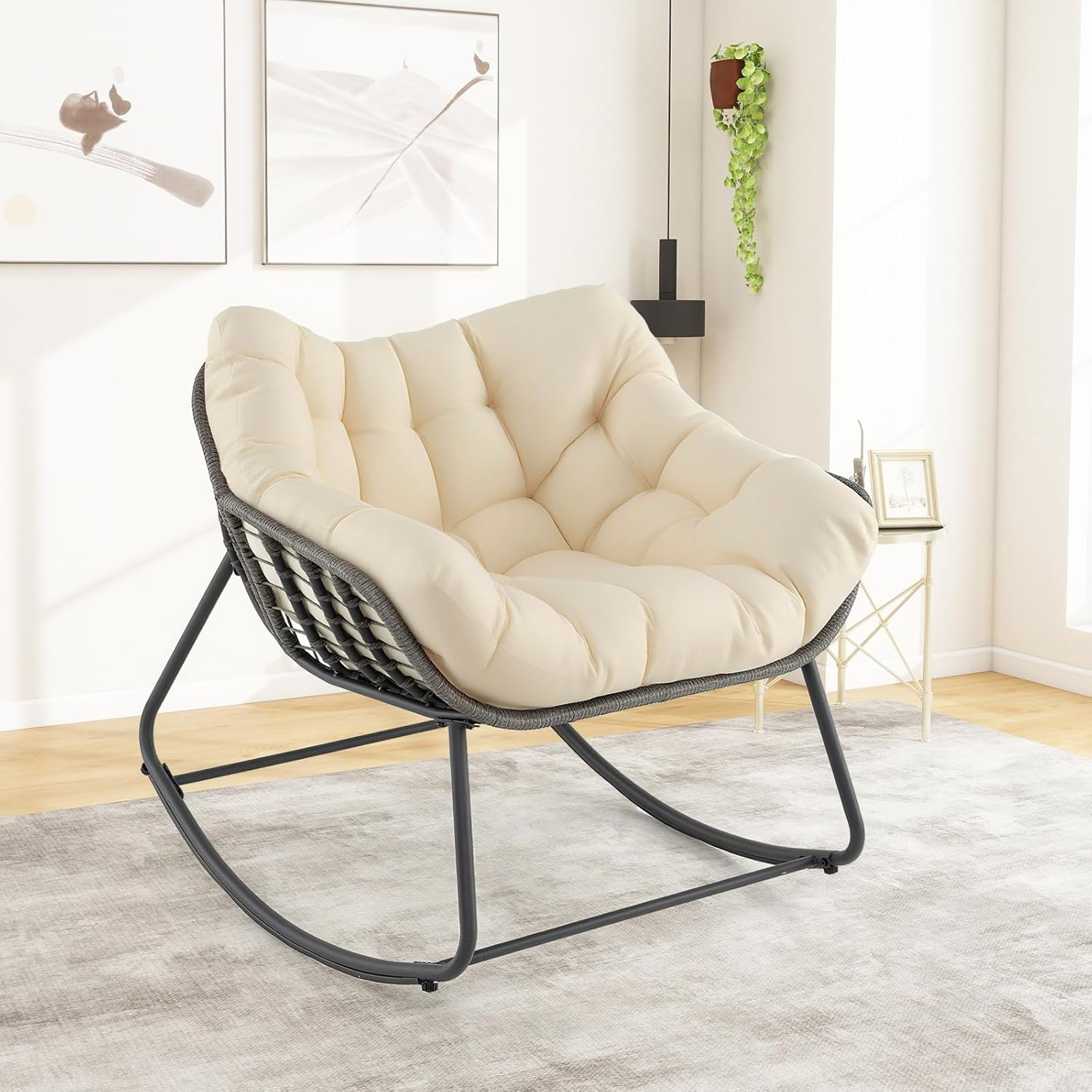 Fauteuil à Bascule d'Extérieur, Fauteuil Œuf Surdimensionné en Osier PE avec Coussin Épais Amovible, 98 x 98 x 87 cm, Charge 150 kg, Beige - 9