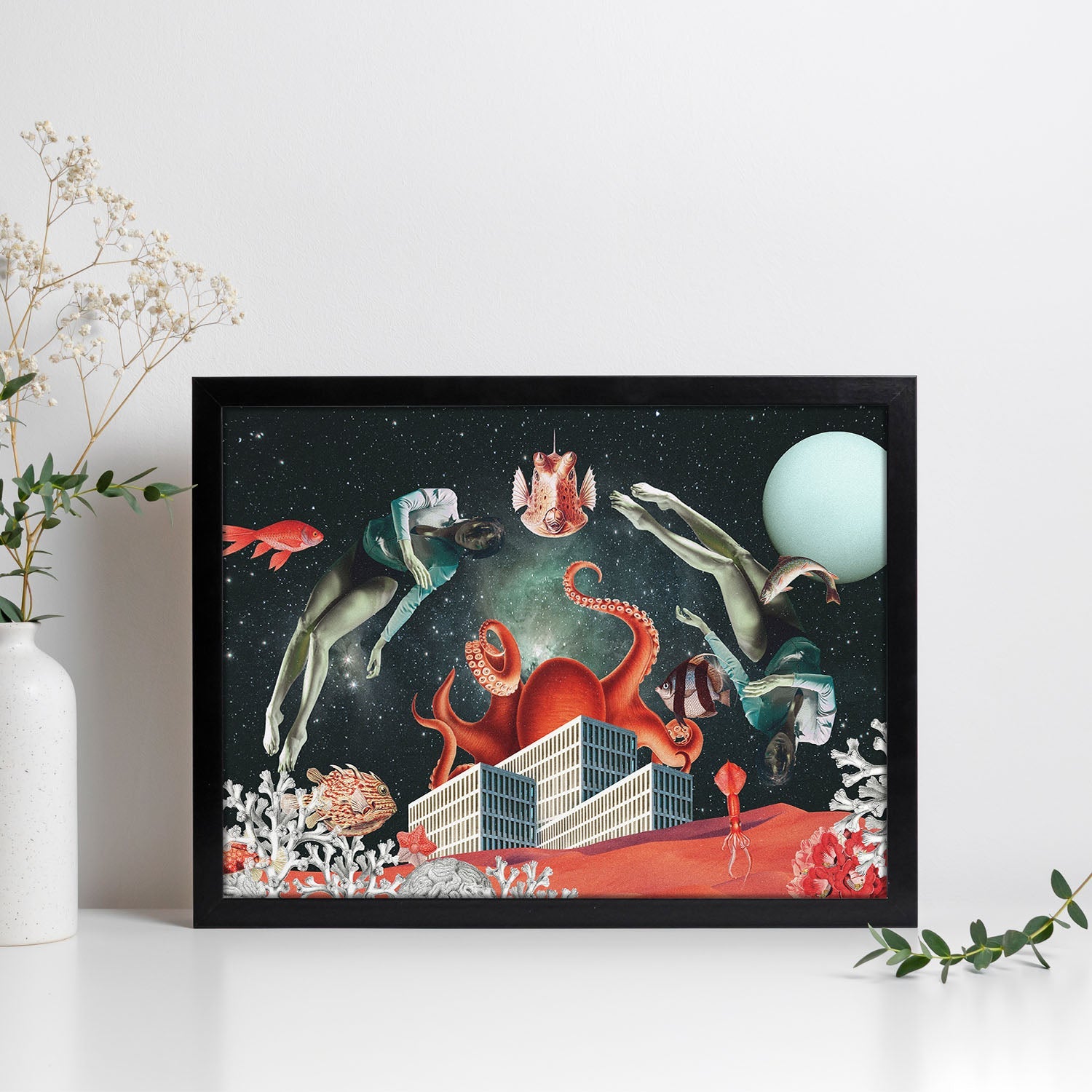 Lamina artistica decorativa con ilustracion de sea space estilo collage sin marco - a4