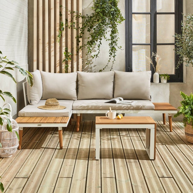 Salotto da giardino a 4 posti in alluminio e acacia, Beige