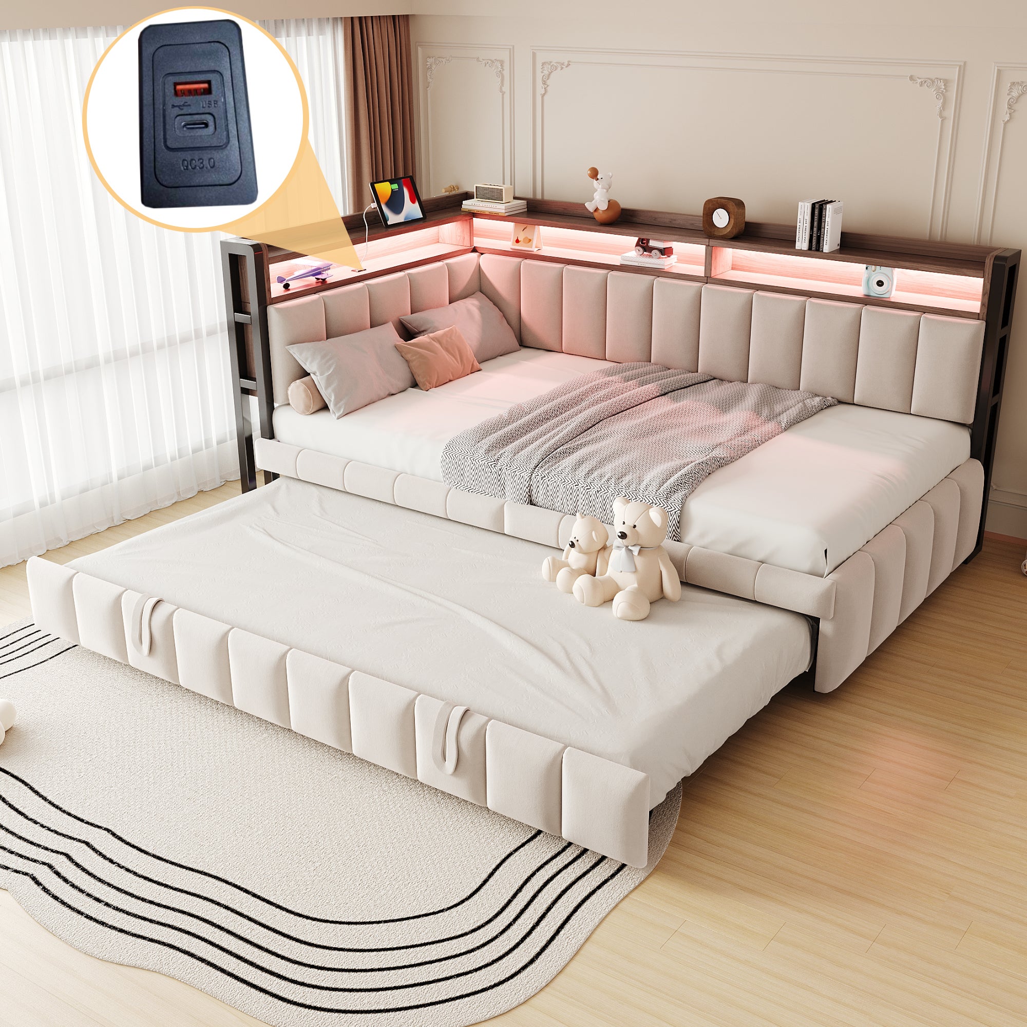 Łóżko wysuwane 90 x 200 cm + 90 x 190 cm z zagłówkiem - Tkanina welurowa - Diody LED, porty USB i typu C - Beżowe (bez materaca)