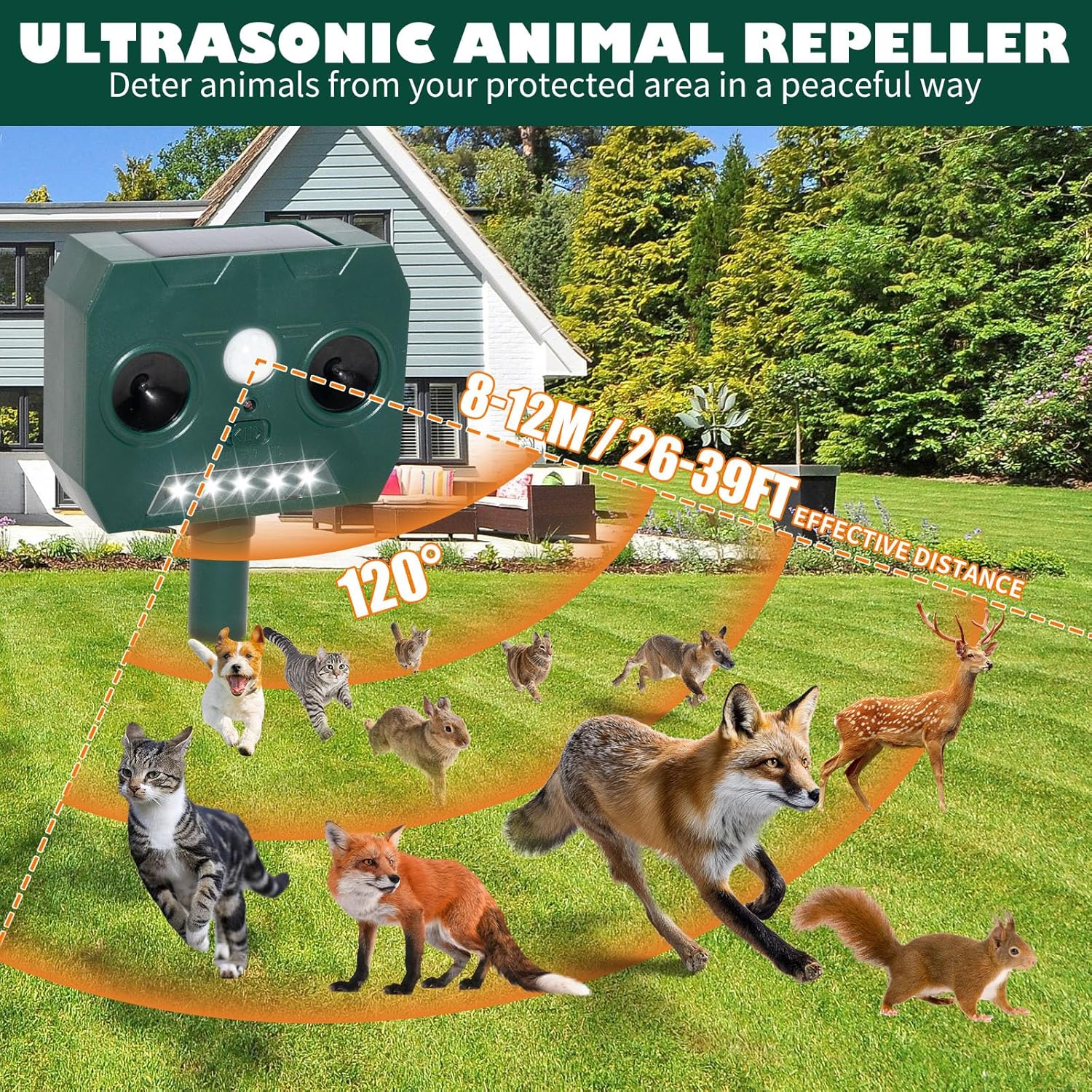 Repelente solar ultrassônico para gatos e cães, à prova d'água IP44, 8m, 110°, espanta animais de jardim com luz LED. - 2