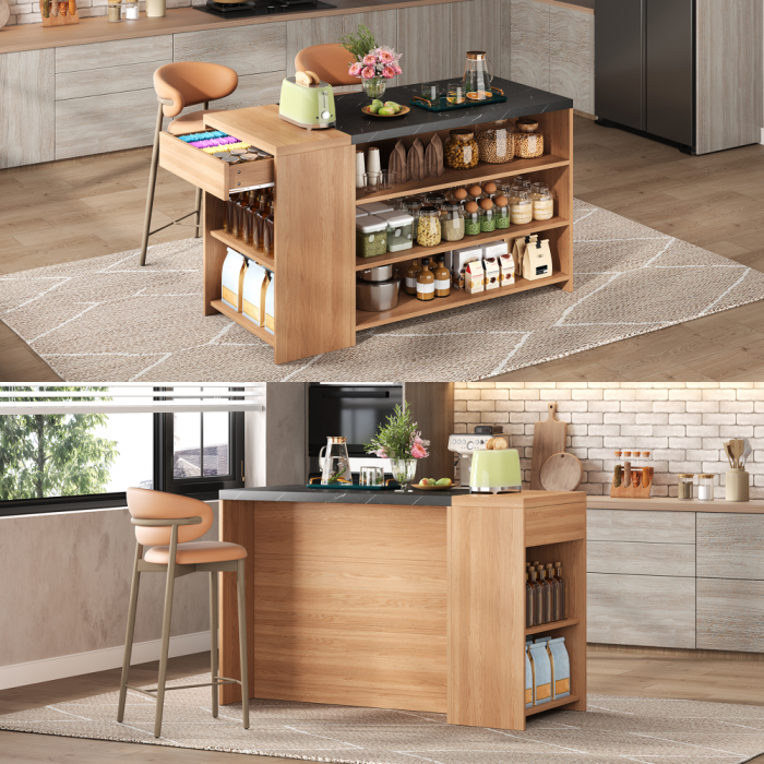Îlot cuisine bar table 140cm 5 niveaux avec tiroir caché, plateau épais ...