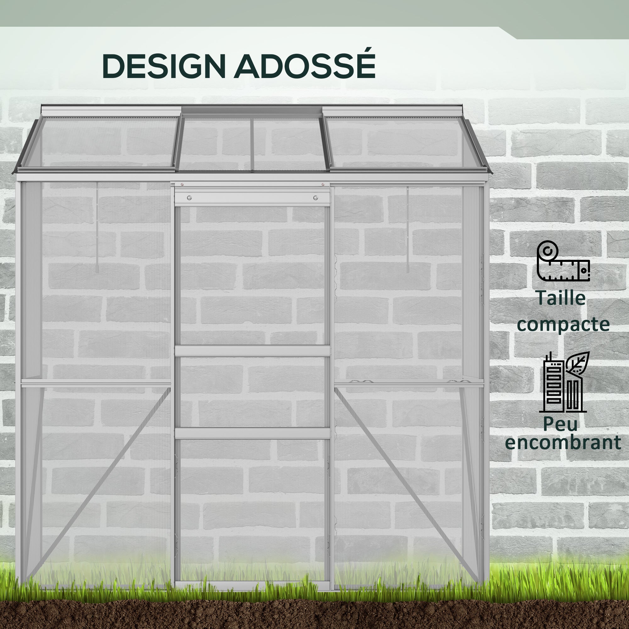 Serre adossée serre de jardin fenêtres ouvrables à 5 niveaux panneau en PC cadre aluminium 1,9 x 0,7 x 2 m transparent - 6